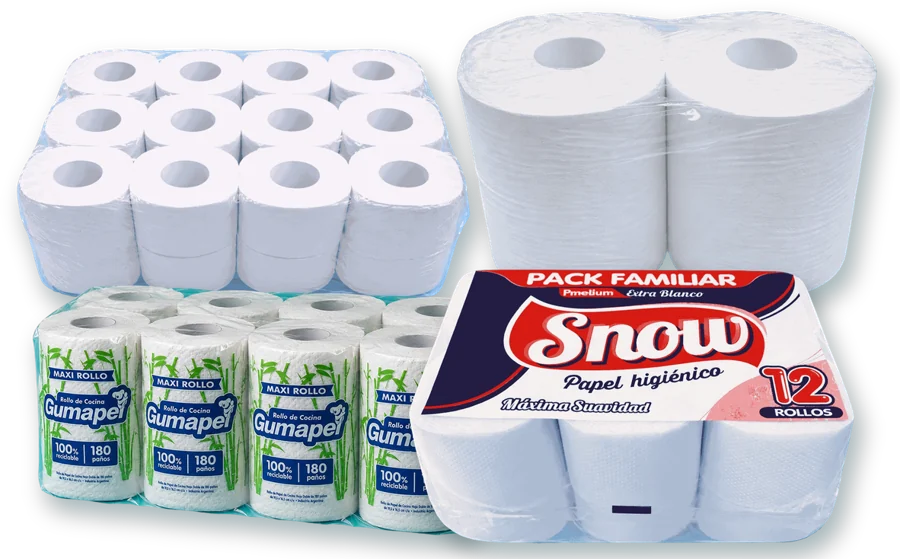 Productos Gumapel: papel higiénico Snow, rollos de cocina Gumapel, papel higiénico Blanco Puro y bobinas de limpieza